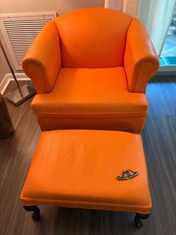Orange Leather Armchair with Ottoman