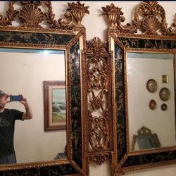 Beautiful Black And Gold Antique Double Mirror. Heavy Wood With Excellent Detail