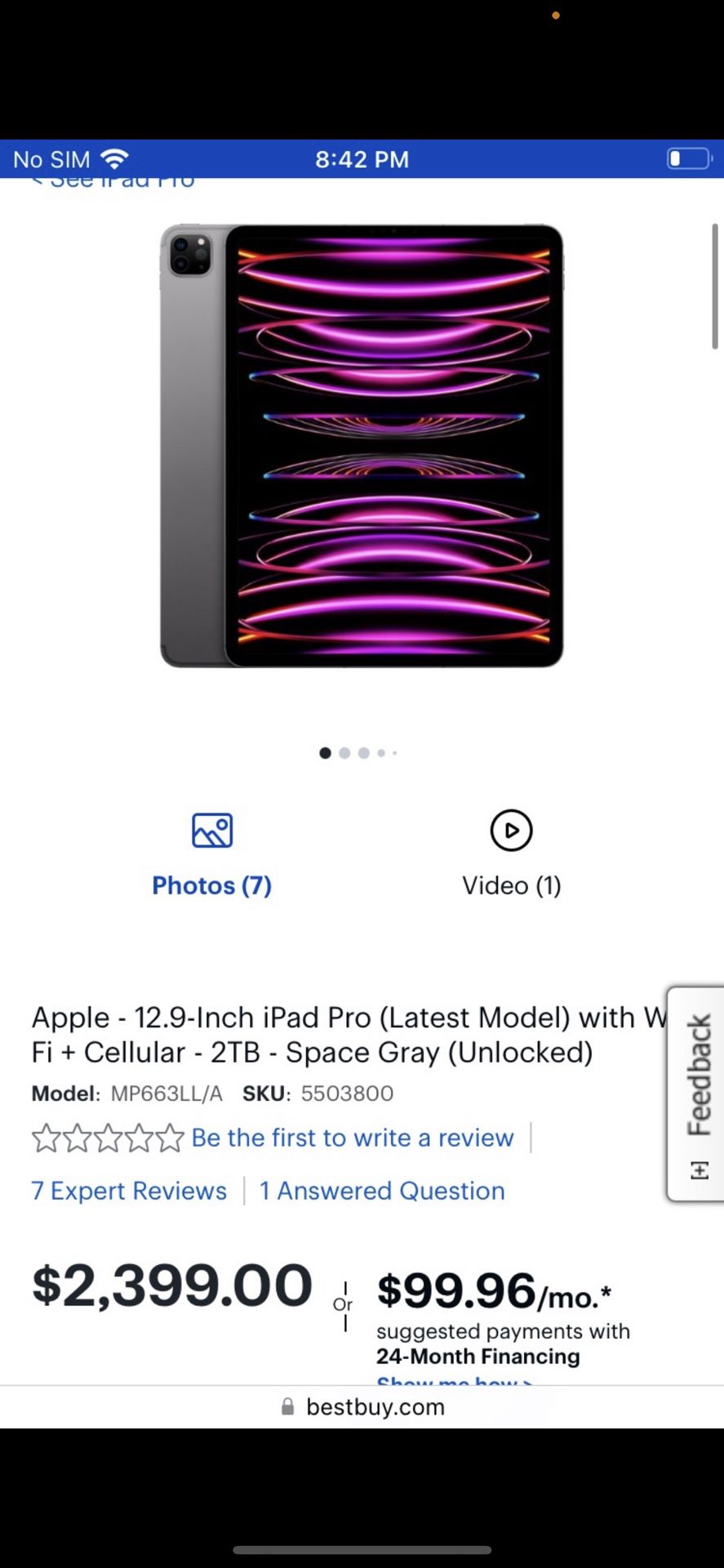 Apple - 12.9-Inch iPad Pro (Latest Model) with Wi-Fi + Cellular - 2TB - Space Gray (Unlocked)
