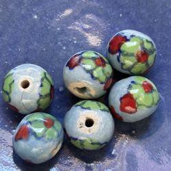 Blue Glazed Porcelain Floral Beads Large Hole (2–3 mm) DIY Jewelry Macramé (x6)