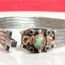 Vintage/Antique URSEL 900 Silver Woven Mesh Turquoise Turkish Bracelet. (Brasalete de Plata)
