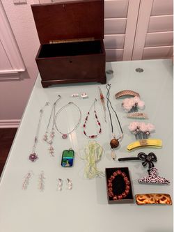 Bombay Company Jewelry Box (broken latch) PLUS Necklaces Earrings Pendant Barrette Bracelet Costume Jewelry