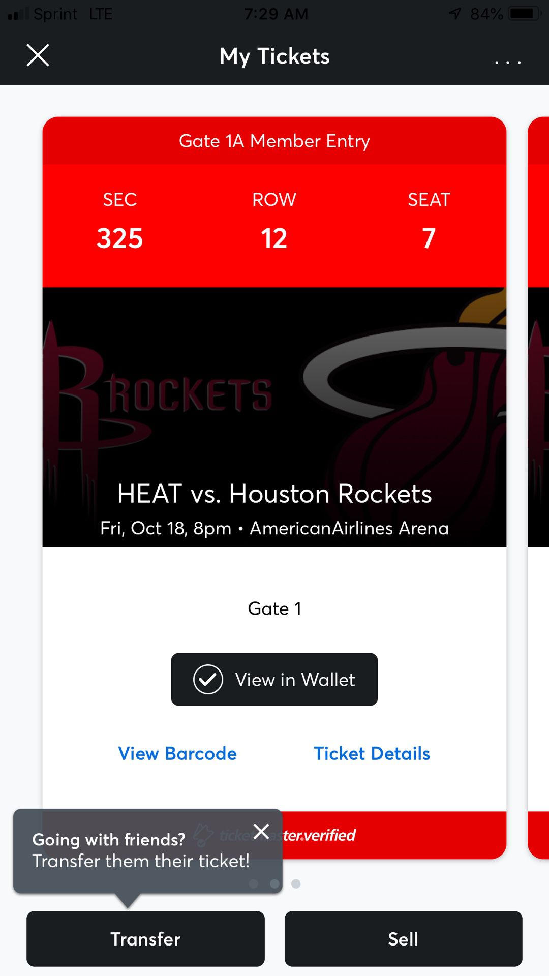 Miami heat Vs Houston Rockets 1 ticket Section 325 Row 12 Center Court (great view)