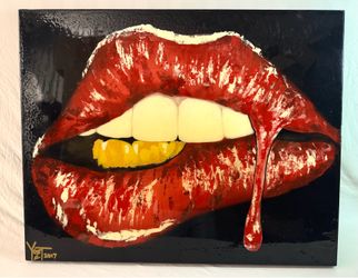 Original Pop Art Painting: Red Lips with Gold Tooth