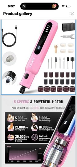 Katerk Pet Dog Nail Grinder - 5 Speed Quiet Electric Dog Nail Trimmer with 360°LED Light, 2500mAh Rechargeable, 32PCS Cordless Rotary Tool for Small M