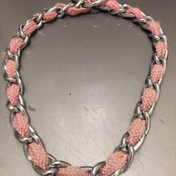 Dog Collar Choke Chain, Metal Chain With Interwoven Pink Cord, 20”