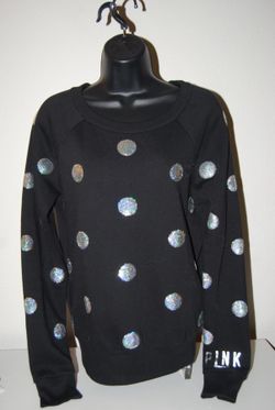 VICTORIA’S SECRET PINK PULLOVER SWEATSHIRT BLACK SILVER SEQUINS BLING POLKA DOTS SIZE SMALL