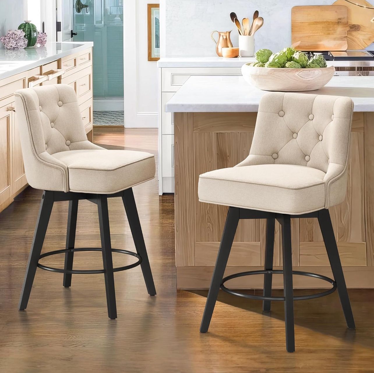 26" Swivel Counter Height Bar Stools Set of 2, Modern Bar Stools with Back and Metal Round Footrest, Solid Wood Legs, Linen Fabric Upholstered Barstoo