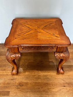 Engraved solid oak table set. 2 end tables & coffee table. High Quality