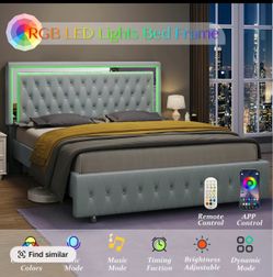 AMERLIFE Modern Bed Frame with RGB LED Lights, Adjustable Headboard Velvet Button Tufted/Acrylic Mirror Accents/Smart APP&Remote Control/No Box Spring