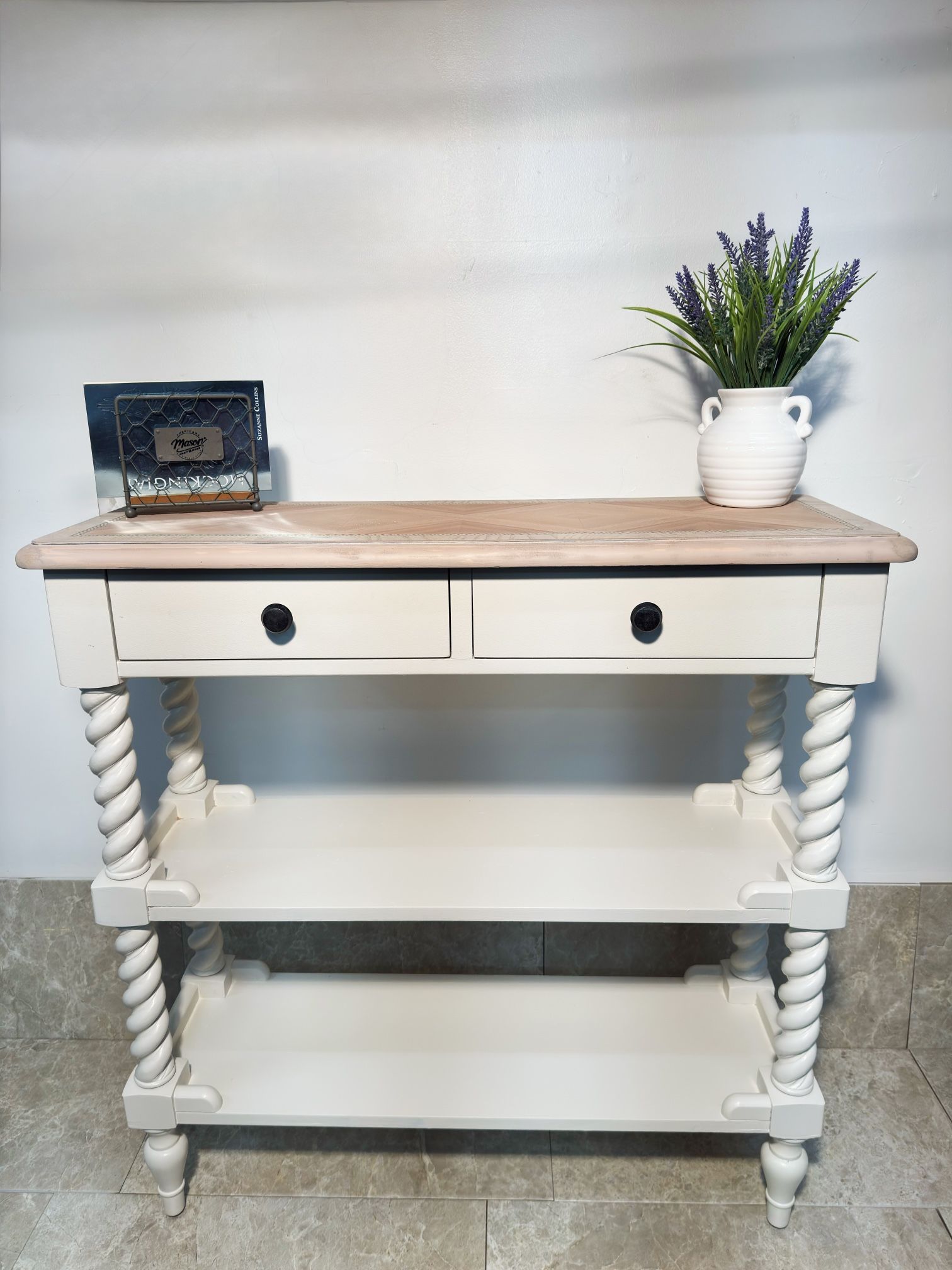 Refinished Vintage-Style Entrance Table White & Tan Top, Original Hardware