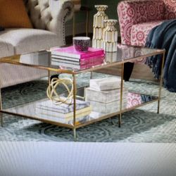 Large Rectangle Gold Tone Glass And Mirror Coffee Table.
