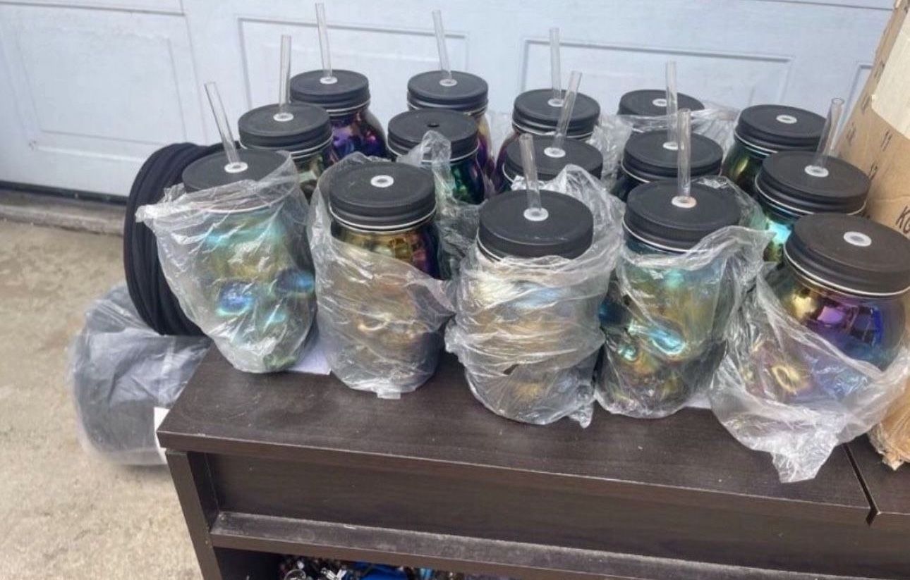 GLASS Dark Rainbow SKULL SIPPER JAR WITH LID AND STRAW Brand New $5 Each Or $50 For All