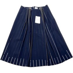 Dion Lee Embellished Perforated Pleated Skirt US 8 Blue Polyester Zipper 2016