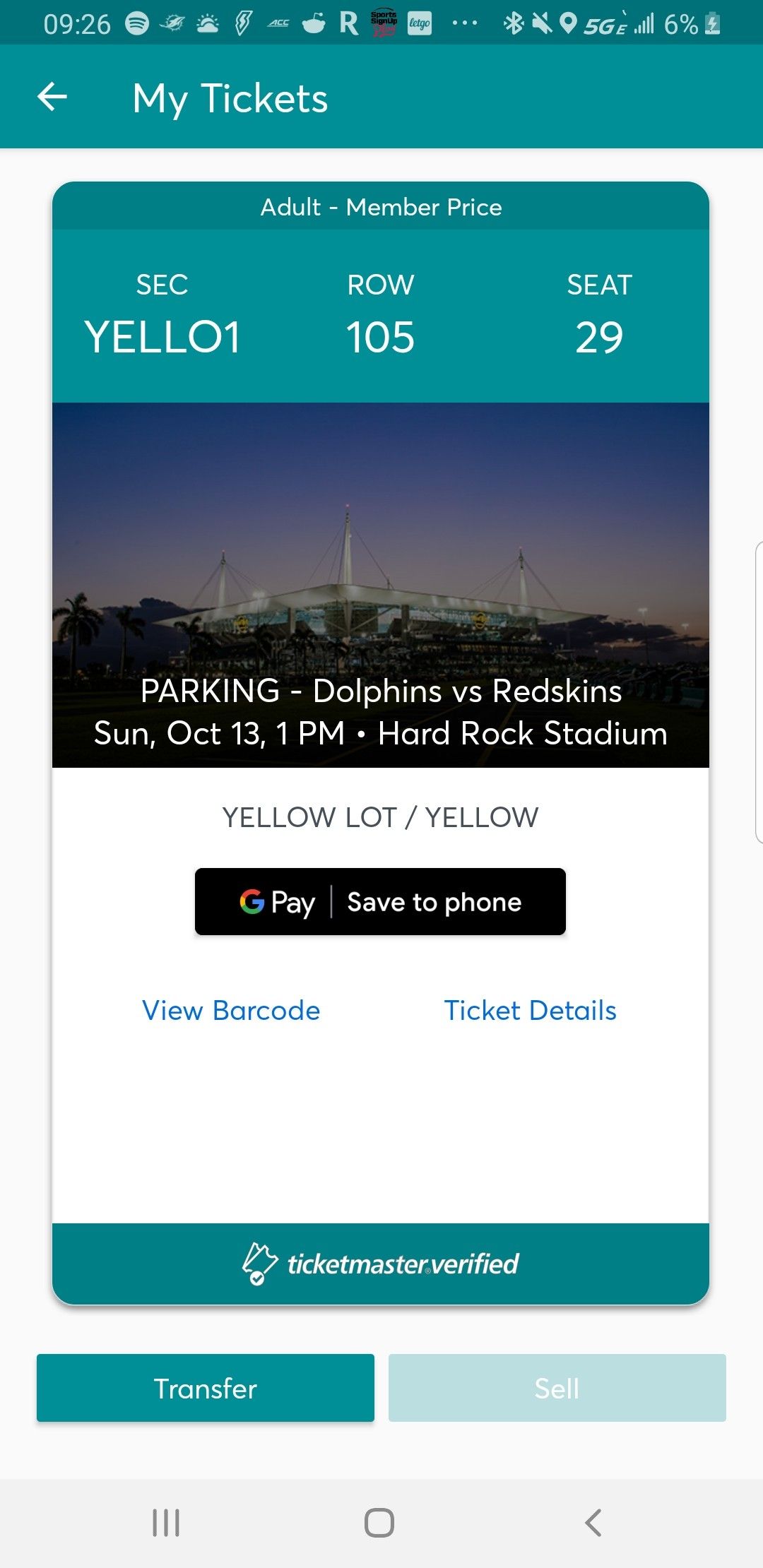 Dolphins vs Redskins parking pass
