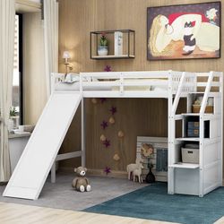 Twin Loft Bed with Slide + 2 mattresses