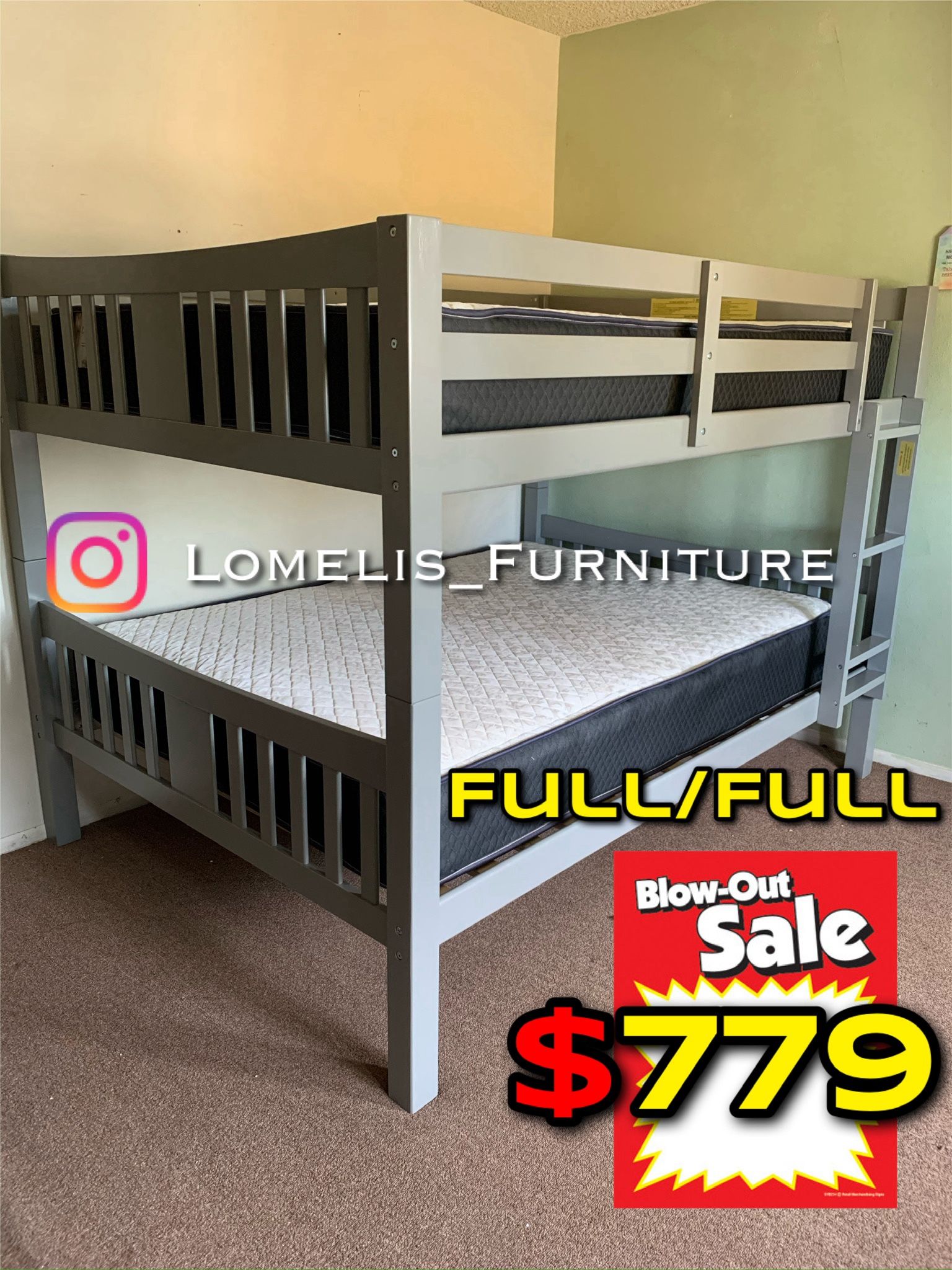 Full/Full Gray Wooden Bunk bed w. Ortho Mattresses Included