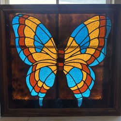 Absolutely Gorgeous Vintage Stained Glass Butterfly Decorative Sun Catcher in Solid Wood Frame