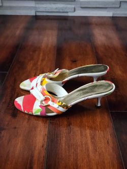 Dolce & Gabbana Floral Canvas Mule Heels Gold Ring Sandals Size EU 36 US 6 Made in Italy