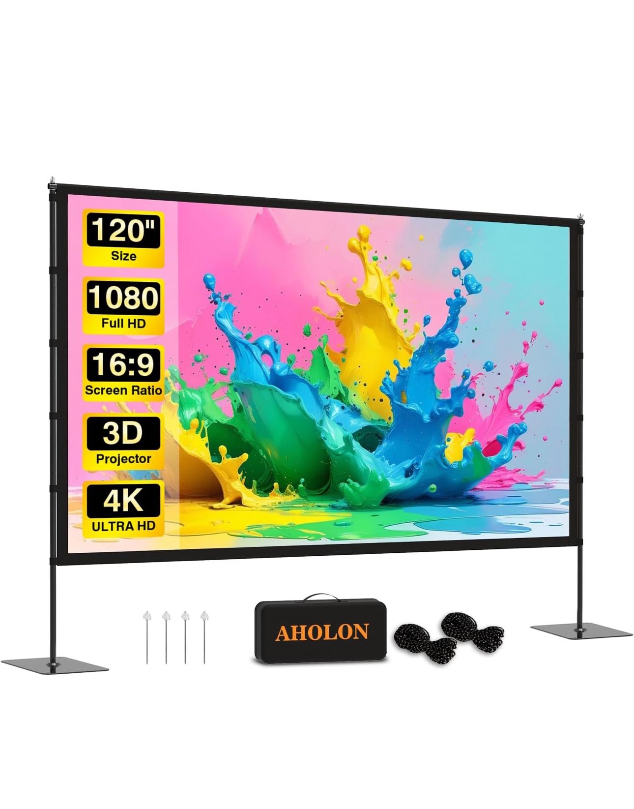 Aholon Outdoor Projector Screen with Stand - 120 inch Portable Projector Screens Indoor Outdoor Projector Screen 16:9 4K HD