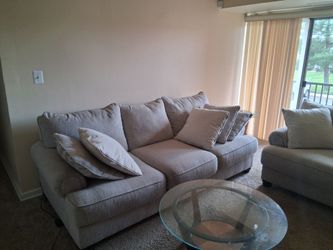 Beige Fabric Three-Seat Sofa with Pillows
