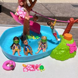 Barbie Chelsea Pool With 5 Dolls & Accessories 