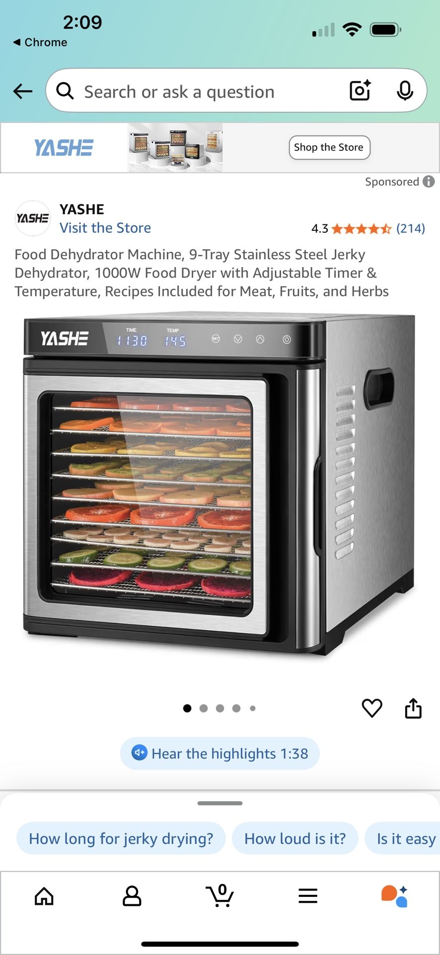 Food Dehydrator Machine, 9-Tray Stainless Steel 1000W Jerky/Friut Dehydrator