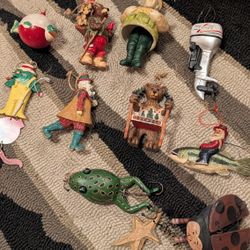 Vintage Fishing Christmas Ornaments Lot – 10 pcs Santa Fish Frog Boat Motor