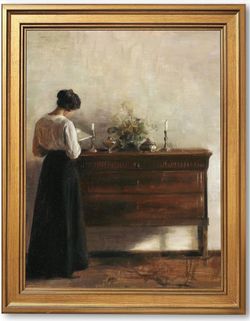 Woman at Dresser Canvas Wall Art, Classic Oil Painting Print, Bedroom Decor, 16x24”, Gold Frame