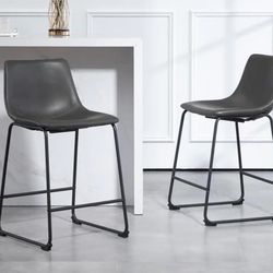 (SET OF 2) 24in CHARCOAL GRAY FAUX LEATHER COUNTER STOOLS
