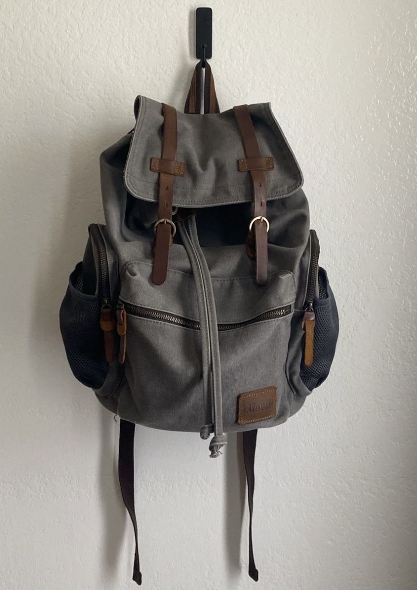 Canvas & Leather Backpack With Seven Compartments & Two Water Bottle Holders