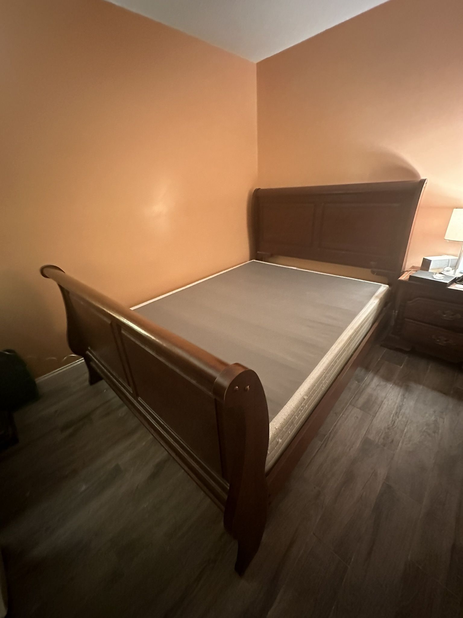 Wood Queen Bed frame + Headboard + Box Spring + Queen Mattress