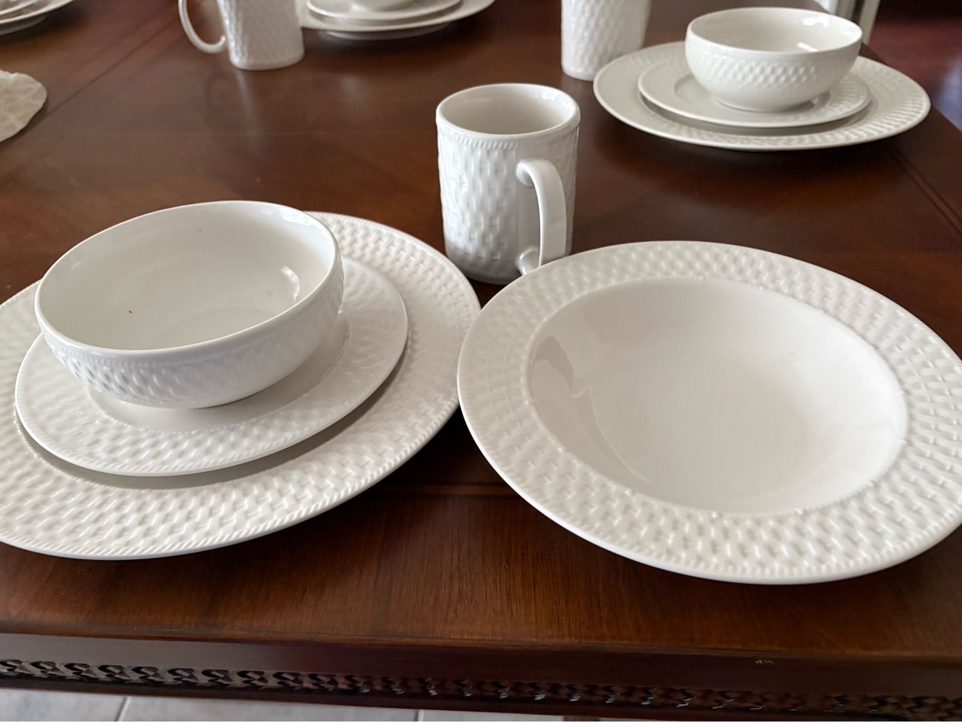 Service for 6. Basket weave Phalzgraff dinnerware. Perfect condition.