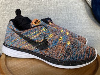 Nike Flyknit Lunar 3 Mens Size 12 Orange Blue Athletic Running Shoes 698181-801