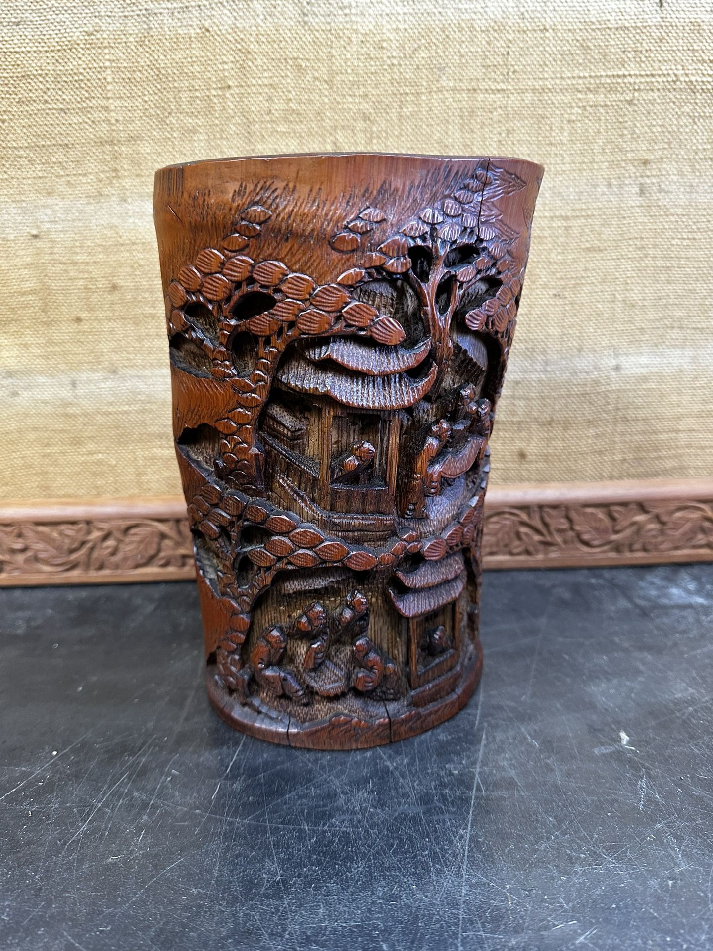 Antique Chinese Scholars Carved Bamboo Paint Brush Pot Feng Shui Qing Dynasty