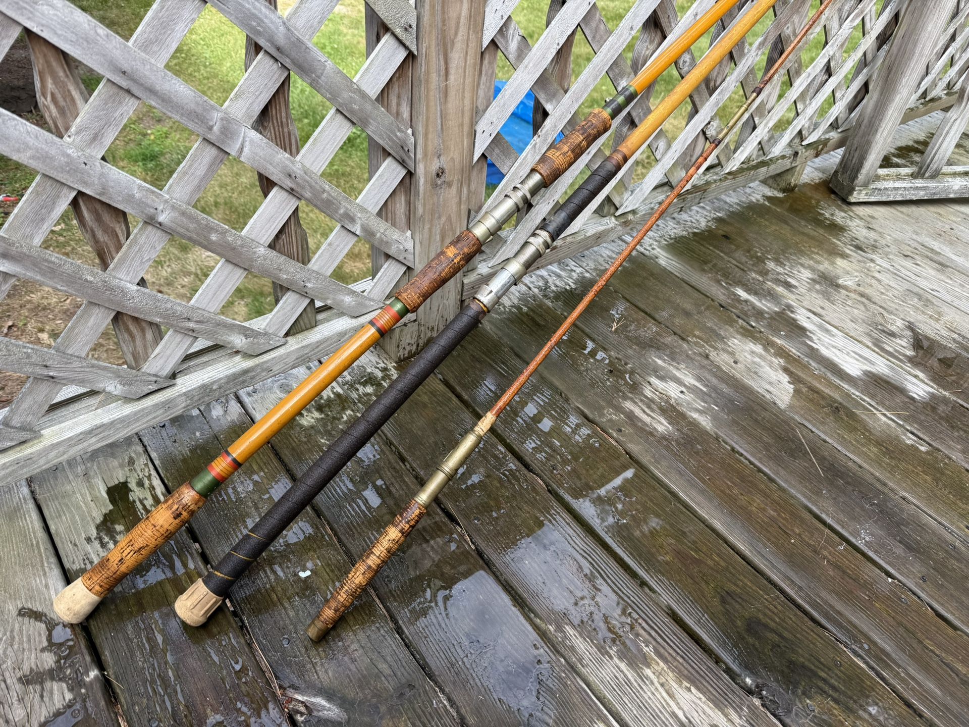 3 Vintage Fishing Poles Wood Metal