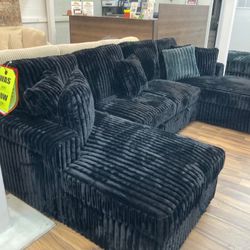 Double Chaise Black Corduroy Sectional 