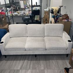 White Beige 3 Seater Cozy Chenille Like Couch Sofa with Cup Holders and Side Pouch