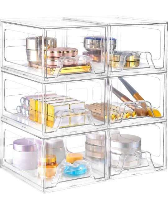 6 Pack Stackable Makeup Organizer, 4.4'' Tall Acrylic Bathroom Makeup Organizer and Storage Drawer with Pull-out Handle