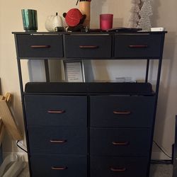 9-Drawer Fabric Dresser / TV Stand with Charging Station, navy blue