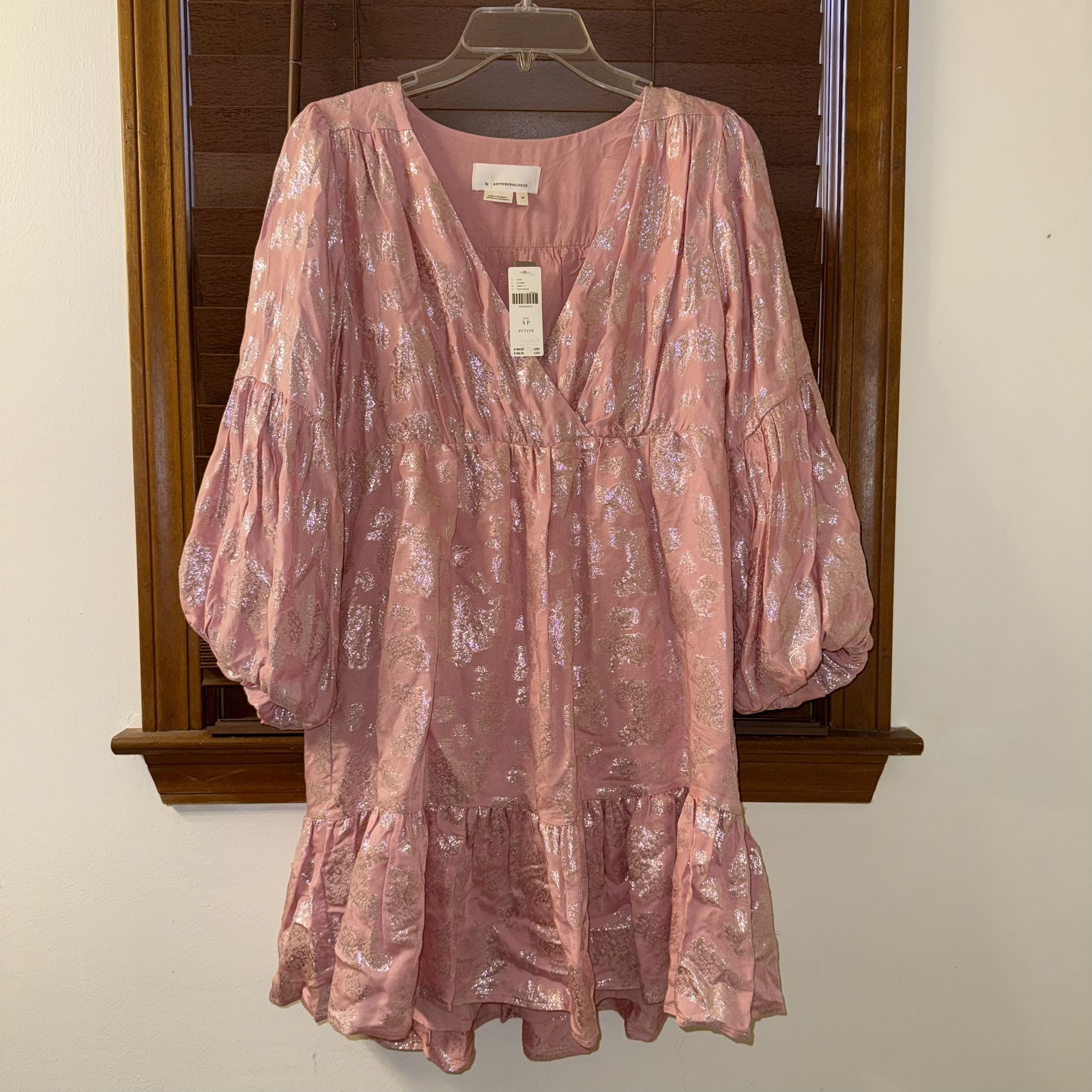 NWT $168 Anthropologie Pink Jolene Jacquard Mini Puffed Sleeve V-Neck Dress SP