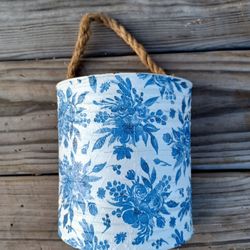 Vintage Metal Blue Floral with Rope Hanging Planter /Decor 