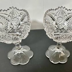 Set of 2 Antique Clear Glass Pedestal Footed Sunburst Candy Dish