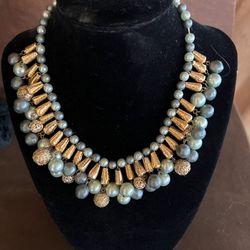 Vintage Pearly Green Beaded Necklace/Rose Gold Metal Fringe 