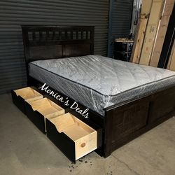 Queen Solid Wood Bed With 3 Drawers And Mattress $740