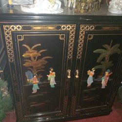 Antique Black Lacquered Asian Curio Cabinet 