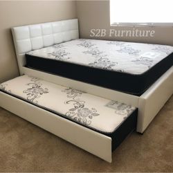 Full Twin White Trundle Bed With Ortho Mattress Included 