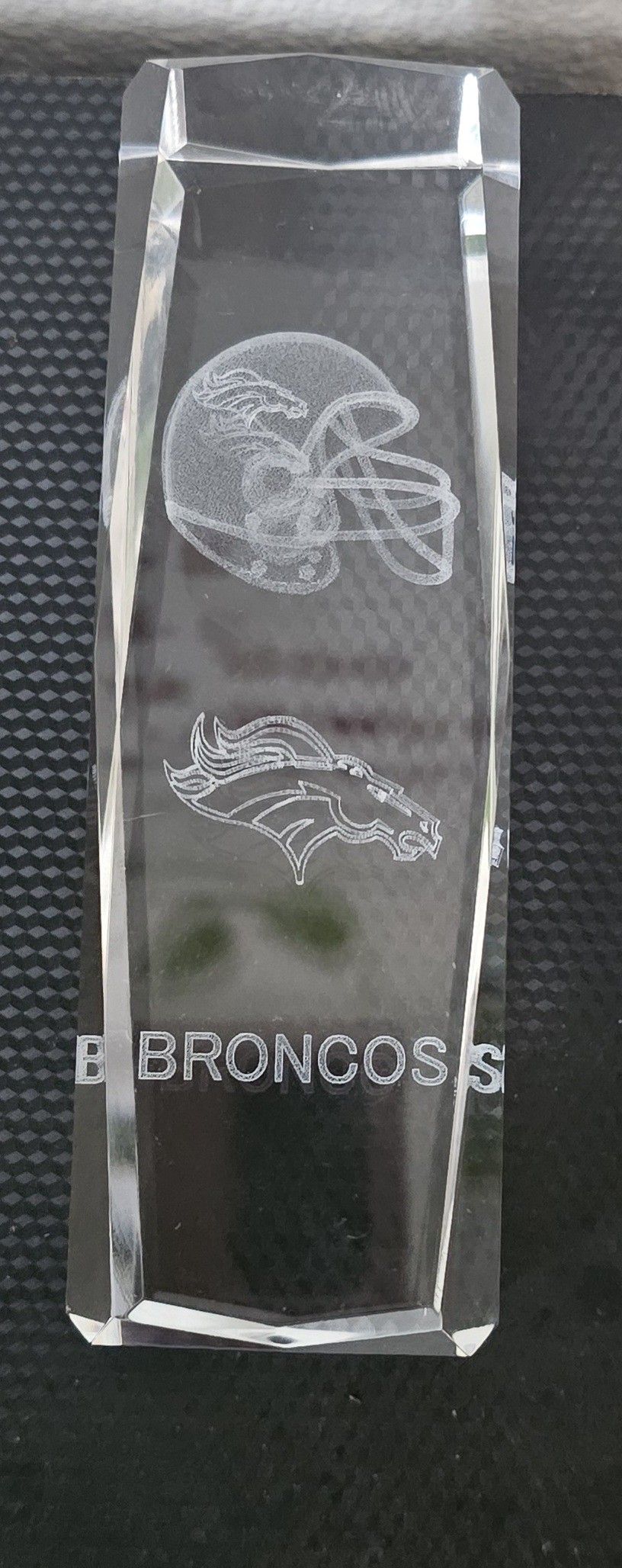 Crystal Clear Glass Paperweight with 3-D Laser Etched Denver Broncos 6"