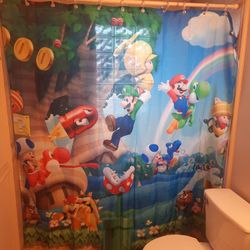 Super Mario Luigi Toad Bowser Yoshi Video Game Shower Curtain Wall Divider Display 66x72 W/Hooks