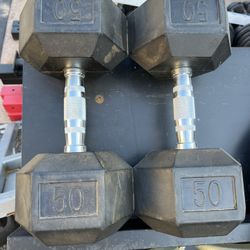 50lb Rubber Hex Dumbbell Set Weights 